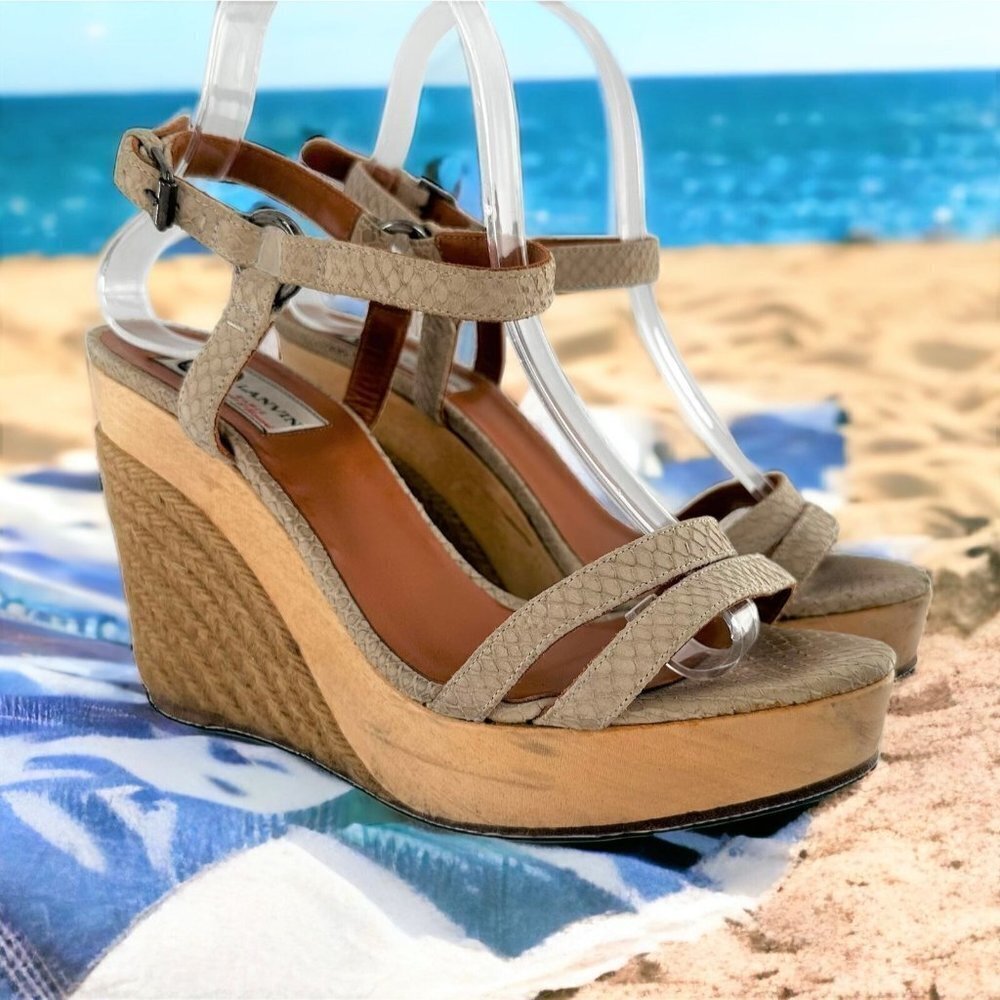 LANVIN Beige Textured Leather Ankle Strap Espadrille Wedge Heel Sandals Size 40